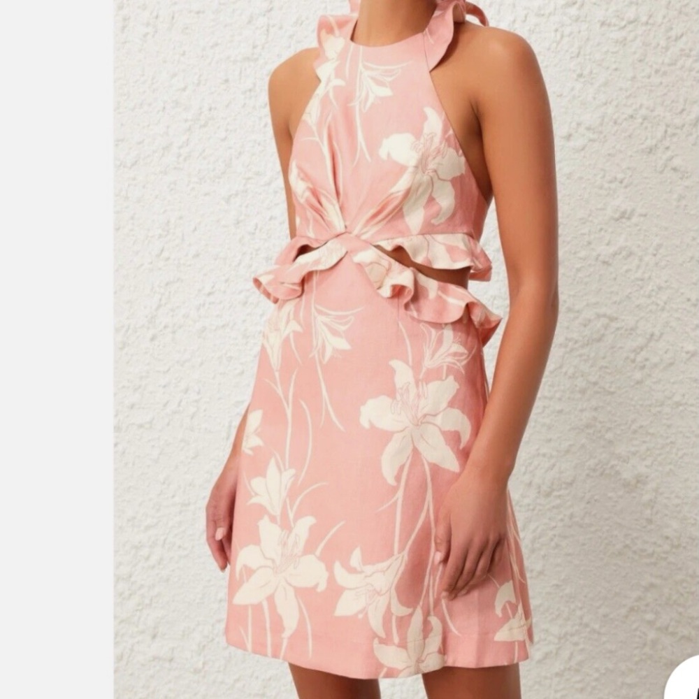 Zimmermann acadian tie back mini dress white/pink floral